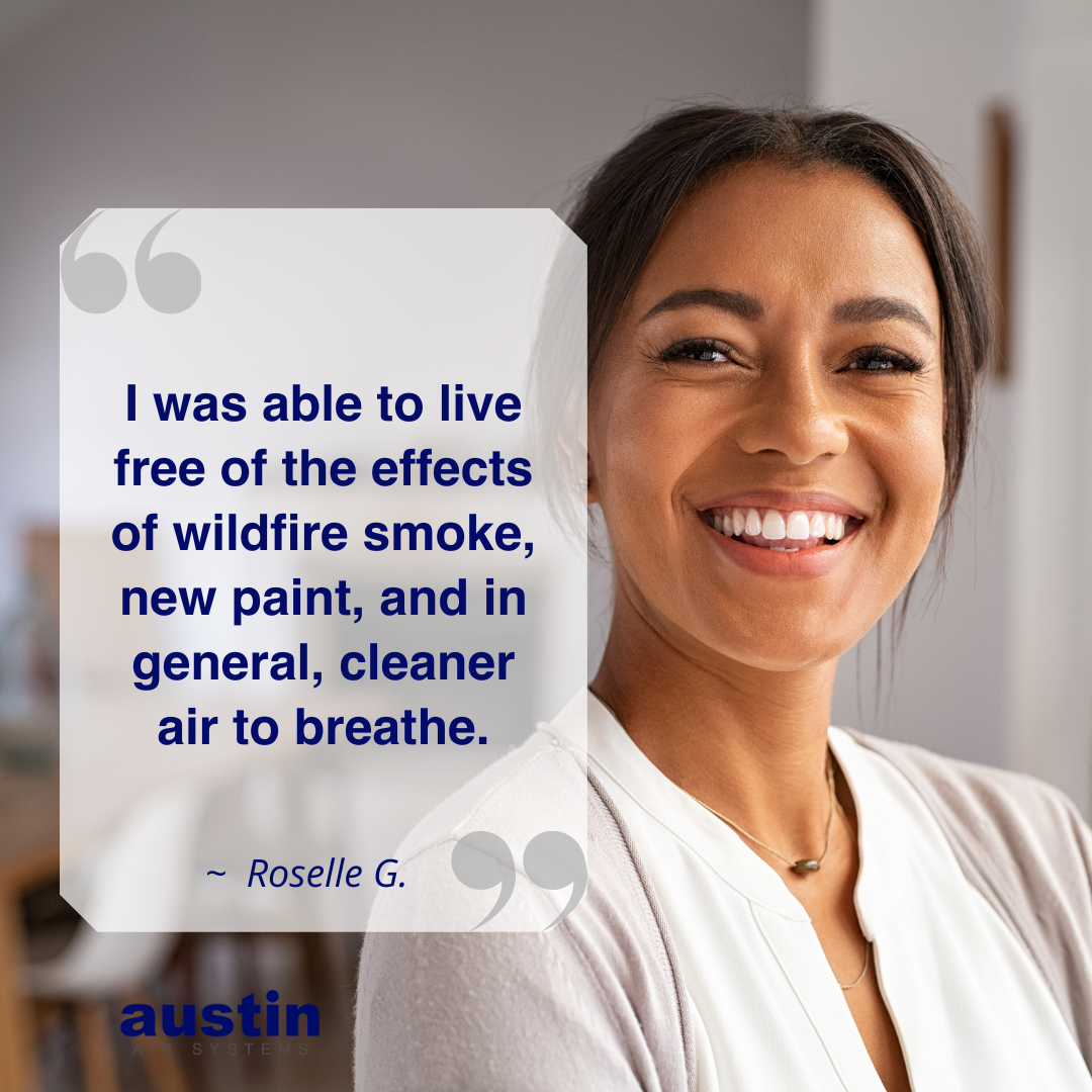 Woman smiling with a quote overlay about cleaner air in Austin
